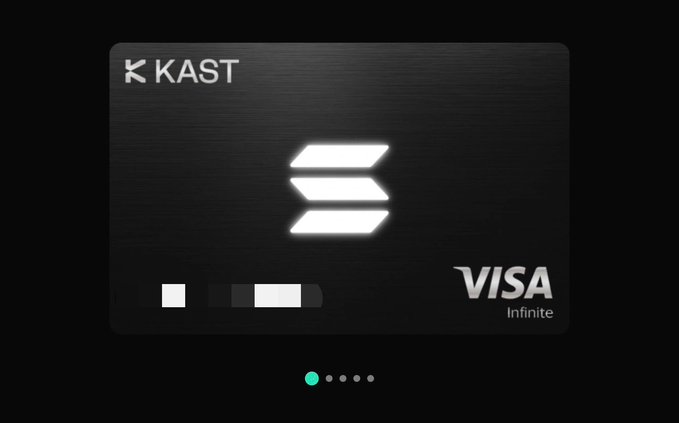 A sleek black KAST Visa Infinite credit card with a brushed metallic finish is displayed prominently, featuring the brand's stylized "K" logo and a row of dots at the bottom suggesting a swipe carousel. The premium-looking card complements the post's theme of achieving "premium" status on the KAST crypto platform, visually representing the elevated tier the author proudly woke up to.