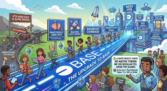 The image features a cartoon depiction of people walking along a blue path, with various signs and logos around them. The text in the image reads "Base Network" and "the hottest projects in the crypto world right now", suggesting that Base Network is a popular platform or project related to cryptocurrency. The post also mentions Bitcoin, Ethereum, and other cryptocurrencies as being part of this network.