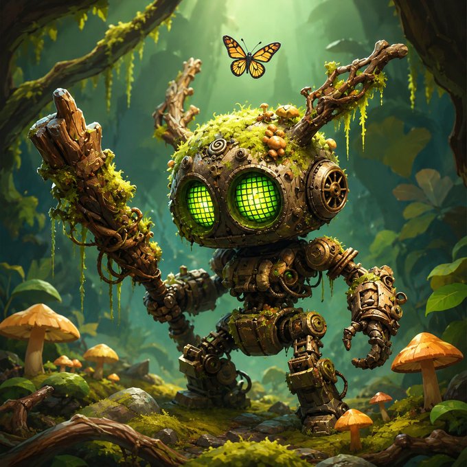 A detailed digital artwork of a small mechanical robot covered in moss and gears, with glowing green eyes, standing in a lush forest with mushrooms beneath a butterfly.