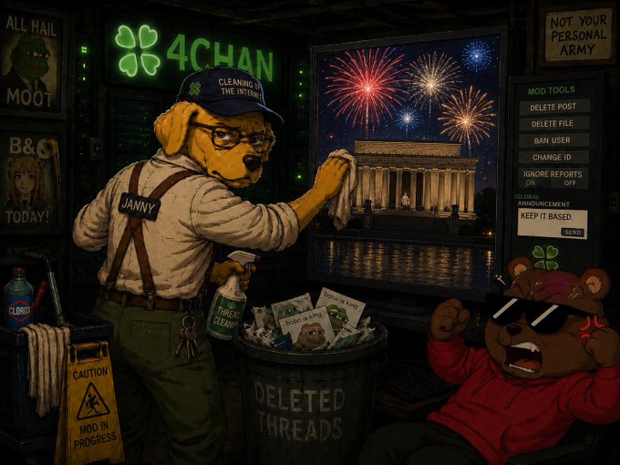 A satirical illustration of an anthropomorphic dog janitor named 'Janny' cleaning the 'Deleted Threads' trash can at 4chan headquarters, with a mod tools panel and fireworks over the Lincoln Memorial.