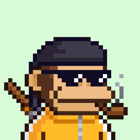 A pixel art illustration depicts a stylized figure with a dark beanie and orange clothing against a light green background.