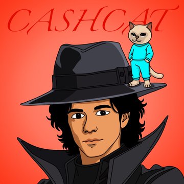 An anime-style illustration with a red gradient background features a dark-haired man wearing a wide-brimmed black hat, accompanied by a small white cat in a blue outfit perched on the brim, under the title "CASHCAT" in bold red lettering. The artwork visually represents the post's theme of a "symbiotic relationship" between Vlad Tenev (Robinhood co-founder) and the $CASHCAT meme coin, blending portraiture with crypto mascot imagery.