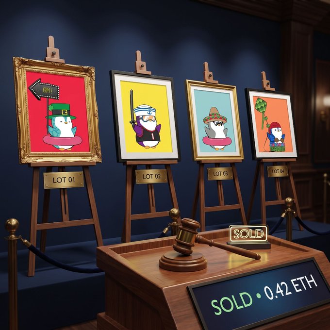 An auction scene displays four framed penguin artworks on easels labeled 'LOT 01' through 'LOT 04', with a gavel on a podium showing 'SOLD' and '0.42 ETH' on a digital display.