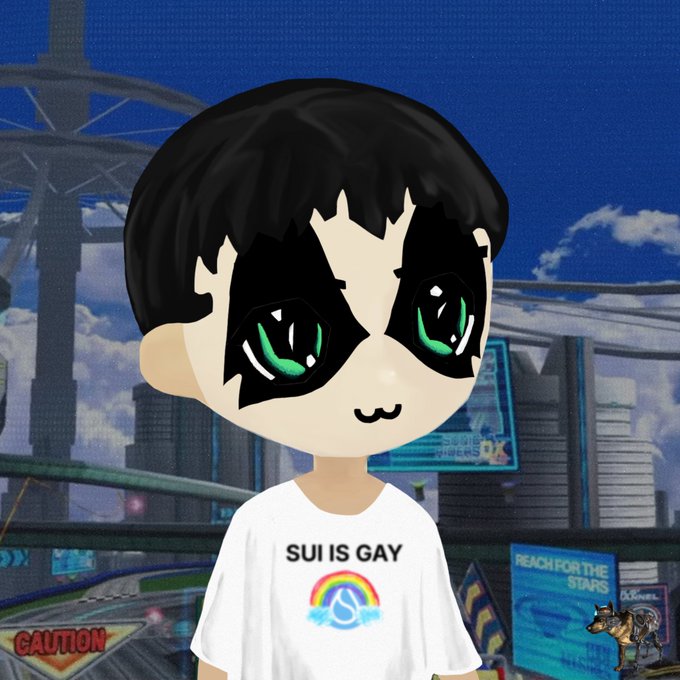 The image features a cartoon boy with green eyes wearing a white t-shirt that reads "suimilios has known for a while $SUI is gay". The background of the image shows an urban setting, including buildings and a bridge.