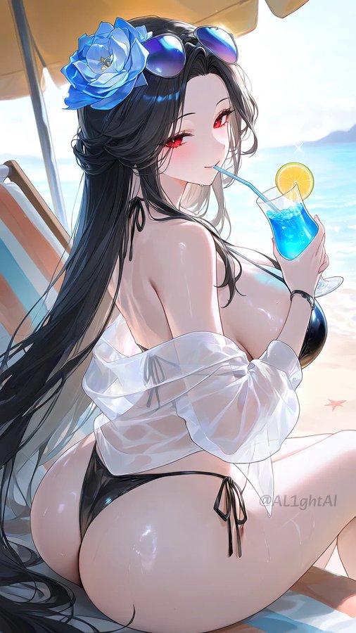 This AI-generated artwork by @AL1ghtAI depicts a woman relaxing on a beach with a blue cocktail, visually representing the "wild interoperable stuff" mentioned in the post about L2s.