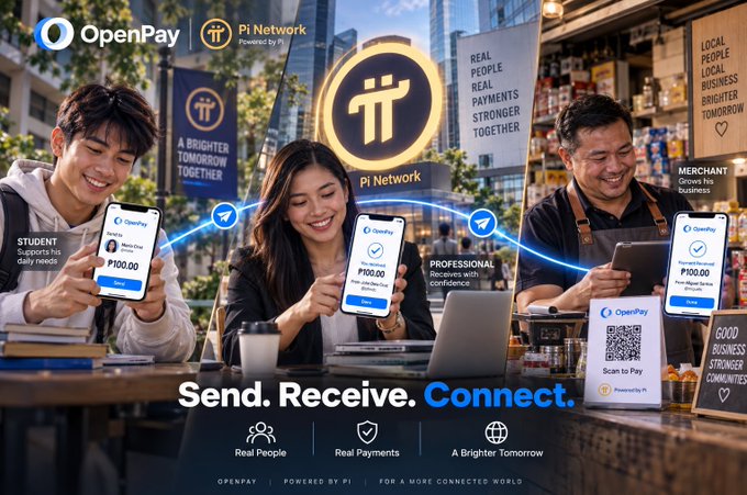 A promotional graphic for **OpenPay** (powered by **Pi Network**) showing three smiling users—a student, a professional, and a merchant—each holding a phone displaying "₱100.00" payment screens, connected by glowing lines. The background features banners reading "A Brighter Tomorrow Together" and "Real People, Real Payments, Stronger Together," with a QR code labeled "Scan to Pay" on the counter and the tagline **"Send. Receive. Connect."** reinforcing the message of seamless Pi-based transactions across everyday people.