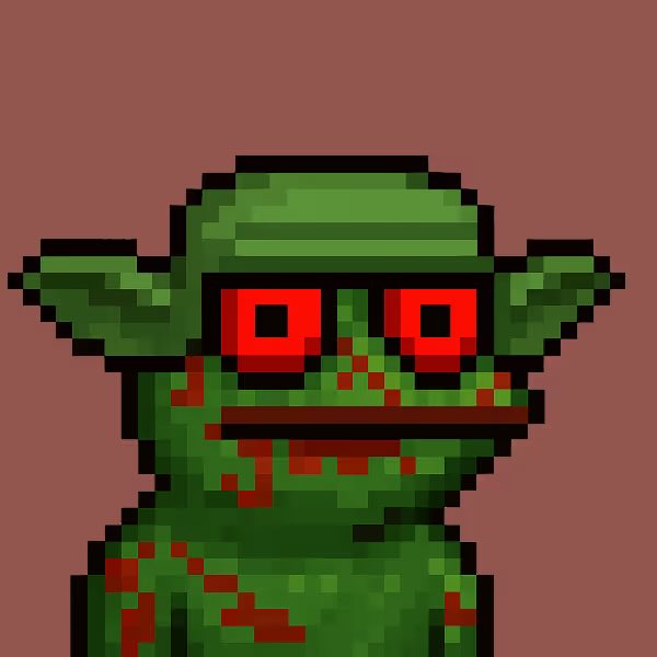 A pixel art rendering of a green goblin-like character with large red eyes, pointed ears, and red markings on its face, resembling Yoda from Star Wars, set against a brown background.