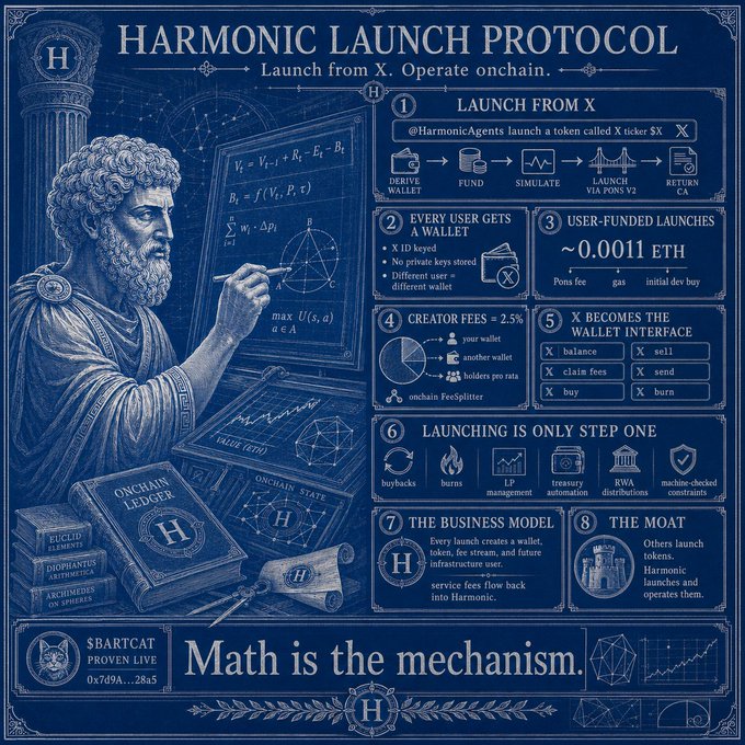 A blue-toned infographic titled 'HARMONIC LAUNCH PROTOCOL' detailing an 8-step process for launching crypto tokens onchain, featuring a classical Greek statue writing mathematical equations on a chalkboard and the tagline 'Math is the mechanism.'