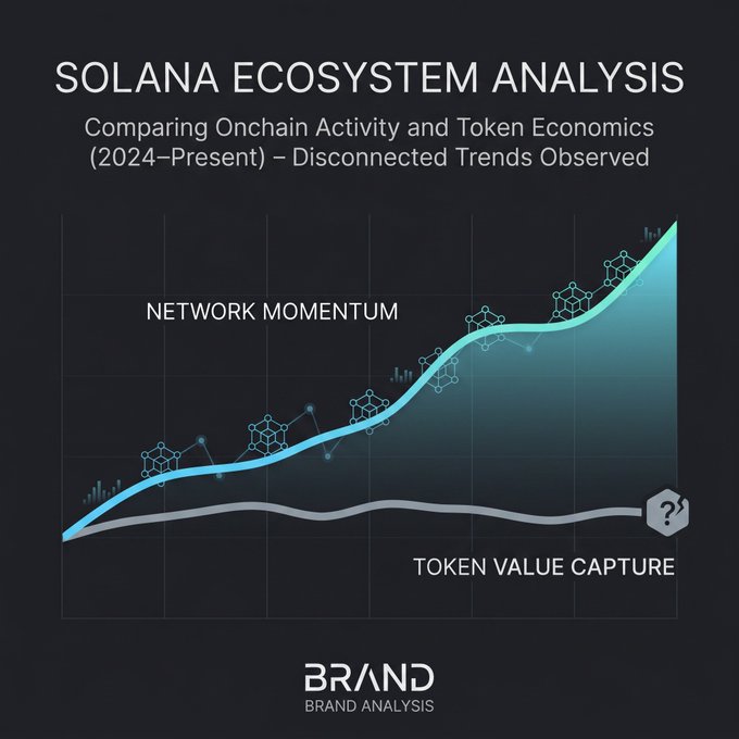 The image is a chart titled "SOLANA ECOSYSTEM ANALYSIS" with the subtitle "Comparing Onchain Activity and Token Economics (2024–Present) – Disconnected Trends Observed," showing two diverging lines: a rising cyan "NETWORK MOMENTUM" line versus a flat gray "TOKEN VALUE CAPTURE" line marked with a question mark. It illustrates the post's point about Solana's split market sentiment—highlighting the disconnect between strong onchain/network fundamentals and stagnant token price action, which underpins the debate over whether SOL's $66 bottom holds or a $600 top is in play.