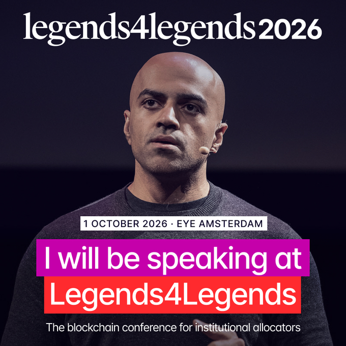 A promotional graphic for 'legends4legends2026' featuring a bald man with a headset microphone, announcing 'I will be speaking at Legends4Legends' on '1 OCTOBER 2026 · EYE AMSTERDAM', described as 'The blockchain conference for institutional allocators'.