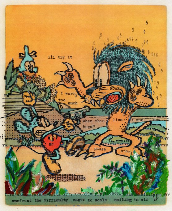 A colorful mixed-media collage artwork featuring cartoon characters and lions with overlaid text such as 'ill try it', 'i worry too much', 'ROAR', and 'pause'.