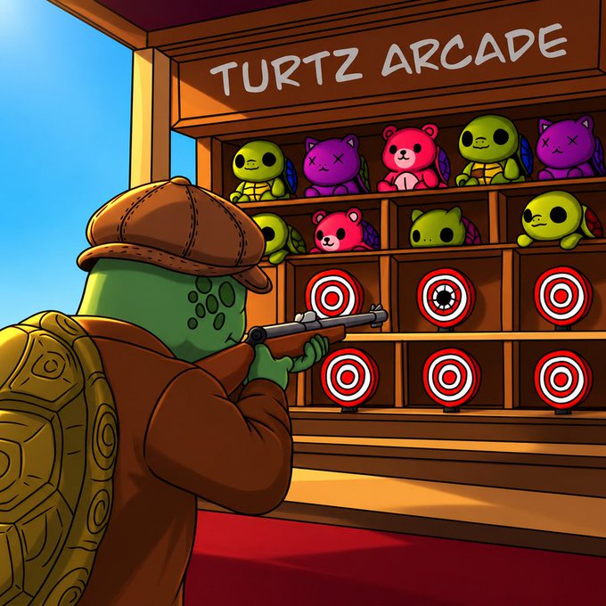 A digital illustration titled 'TURTZ ARCADE' showing an anthropomorphic turtle character wearing a flat cap and backpack, aiming a rifle at a shooting gallery of turtle and bear plush toys and target boards.