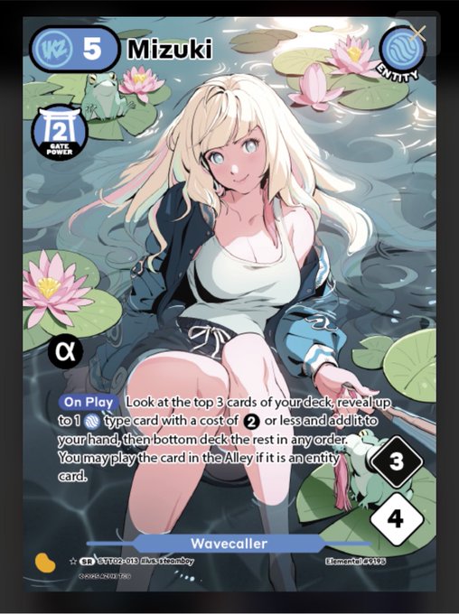 A trading card featuring the anime character Mizuki, a Wavecaller with a level of 5, a gate power of 2, and stats of 3 and 4.