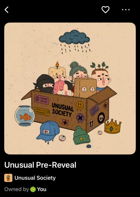 Screenshot of a digital collectible titled "Unusual Pre-Reveal" from the "Unusual Society" collection, depicting cartoon characters hiding in a cardboard box under a rain cloud, marked as "Owned by [green plus] You".