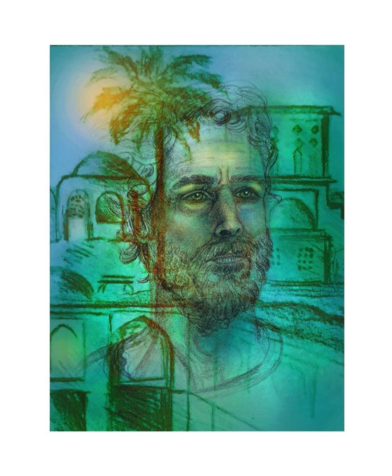 A moody, turquoise-toned portrait drawing of a bearded man, with a palm tree and architectural sketches layered into the background in an artistic, sketchy style.