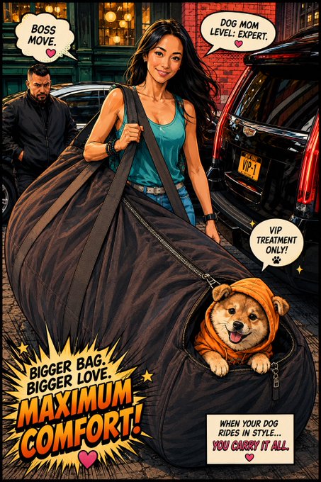 A comic-book-style promotional poster showing a woman carrying a massive black bag containing a happy dog in an orange hoodie, with text reading 'Bigger Bag, Bigger Love, Maximum Comfort!' and 'When your dog rides in style... you carry it all.'
