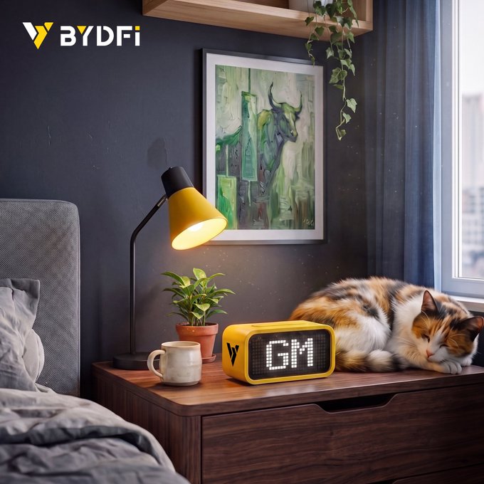 A cozy bedroom scene shows a sleeping calico cat resting on a nightstand next to a yellow digital clock displaying "GM" and a small potted plant, with a green bull painting hanging on the dark wall above—cleverly illustrating the post's contrast between the still-sleeping "cat" and the bullish "GM" market mood that has already arrived.