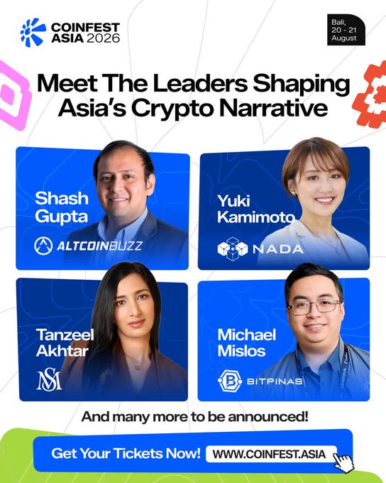 A promotional graphic for Coinfest Asia 2026 in Bali (August 20-21), featuring leaders Shash Gupta (Altcoinbuzz), Yuki Kamimoto (Nada), Tanzeel Akhtar, and Michael Mislos (Bitpinas).