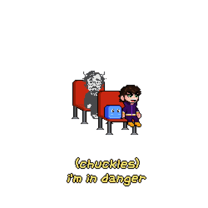 A pixel art scene shows a character sitting next to a blue block labeled "L2" with a creepy, distorted face lurking behind the seat, captioned "(chuckles) i'm in danger" — humorously illustrating the post's warning that someone named @crypto_czar_eth could "sweep the whole collection" if mint limits aren't capped at 10.