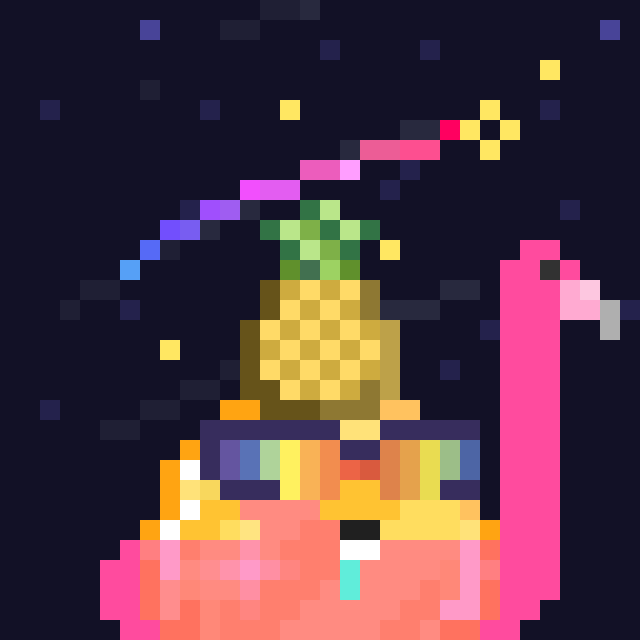 The image features a pink flamingo wearing sunglasses, standing next to a pineapple with a rainbow-colored tail. The flamingo appears to be wearing a pair of glasses that have a rainbow pattern on them. The background of the image is dark blue, which contrasts with the bright colors of the flamingo and the pineapple. There are also stars visible in the sky above the flamingo.

The post seems to be promoting an item for sale, as it mentions "skrump #3287" and "opensea.io/item/monad/0xb ... DN". The image is a digital art piece that showcases the pink flamingo with sunglasses and the pineapple in a creative and eye-catching way.