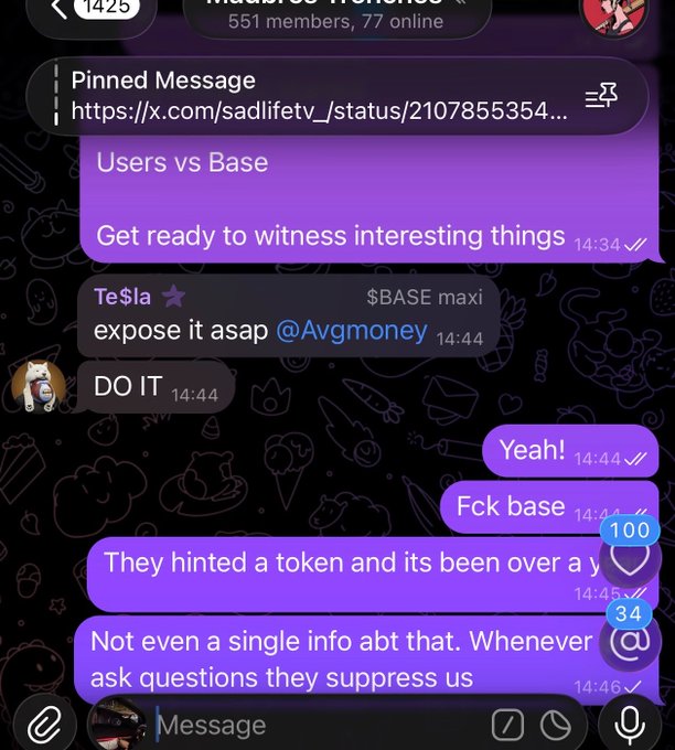 A Telegram chat screenshot shows a conversation about a '$BASE maxi' topic, with users discussing withholding information and using profanity like 'Fck base.'