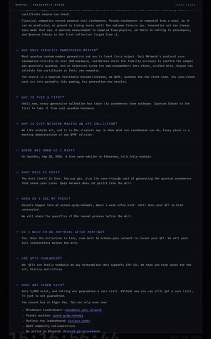 A dark-themed FAQ document titled 'QF003 : Frequently Asked' details information about Quantum Echoes, including sections on 'Why does verified randomness matter', 'What does it cost?', and 'What are their fees?'.
