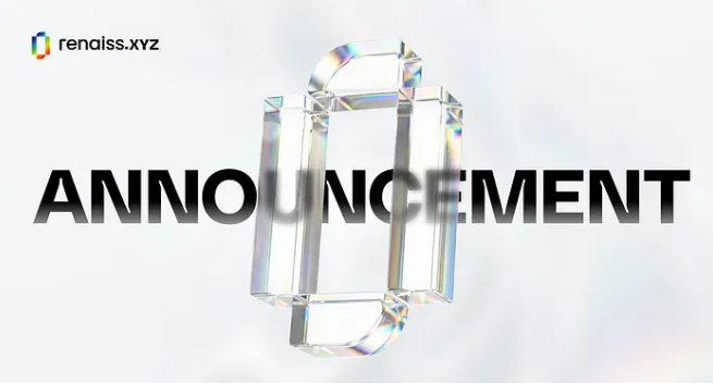 An announcement graphic from renaiss.xyz featuring a 3D crystal/cube logo against a white background with the word 'ANNOUNCEMENT' in bold black text.