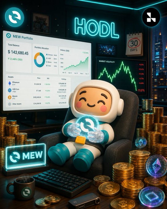 The image features a cute mascot character sitting in a chair surrounded by piles of gold and crypto coins, with a "HODL" neon sign on the wall and a computer screen displaying a portfolio dashboard showing a balance of $142,680.45 and various assets like Ethereum, USD Coin, and Bitcoin, along with a "30 DAYS" countdown and "MEW" branding.

This relates to the post by promoting a crypto HODLing program where users earn free $USDC rewards, with the MEW Portfolio interface and HODL neon sign emphasizing the "hold to earn" concept highlighted by the 30-day reward period.