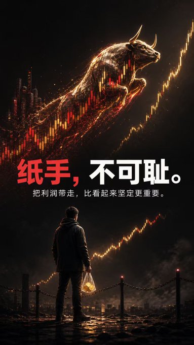 A dark financial-themed poster showing a bull charging through stock charts with Chinese text '纸手，不可耻。' (meaning 'Paper hands, no shame') and a figure holding a money bag.