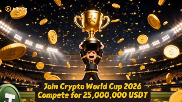 The image features a person holding up a gold trophy, with the text "JOIN CRYPTO WORLD CUP 2026 COMPETE FOR 25,000,000 USDT" written below them. The background of the image shows a stadium filled with people and confetti falling from above. This suggests that this is an advertisement for a cryptocurrency event or competition, where participants can win a trophy in exchange for their participation and contributions to the crypto world.