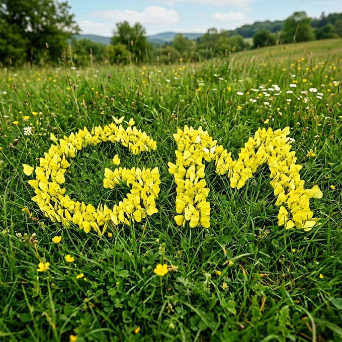 The image features a large, green field with yellow flowers scattered throughout. The flowers are arranged in such a way that they spell out the word "G" using the petals of the flowers as letters. Below this floral arrangement, there's a caption written in white text that reads "GM! Dropping by to say good morning and remind you that it' s Friday!".