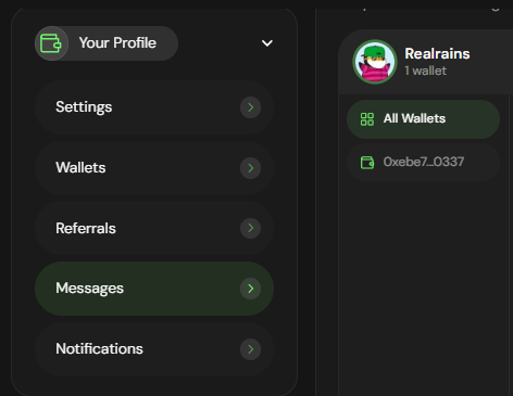 A dark-themed mobile app interface shows a profile menu with options like 'Settings,' 'Wallets,' and 'Messages,' alongside a 'Realrains' wallet listing 'Oxebe7...0337' under 'All Wallets.'