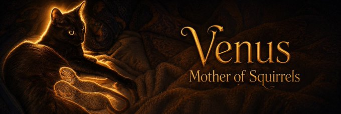 A fantasy illustration of a black cat resting next to a glowing orange squirrel, with elegant gold text reading 'Venus - Mother of Squirrels'.