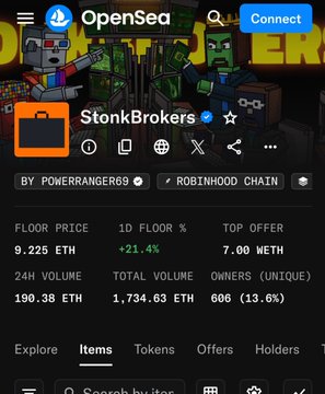 A mobile screenshot of the OpenSea app showing the 'StonkBrokers' NFT collection page with a floor price of 9.225 ETH.