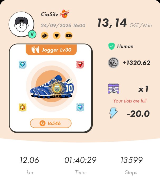 A fitness app screenshot showing a 'Jogger Lv30' sneaker NFT for user 'CioSilv' with stats: 12.06 km, 01:40:29 time, 13599 steps, earning 13,14 GST/Min and +1320.62 with -20.0 energy.