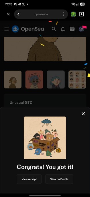 A mobile OpenSea.io screen displays NFT collections and shows a pop-up message reading 'Congrats! You got it!' for an 'Unusual GTD' NFT, featuring an illustration of an 'Unusual Society' with colorful characters in a box.