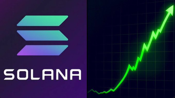 The image displays the Solana ($SOL) logo on the left side alongside a green upward-trending chart on the right, visually reinforcing the post's message of $SOL trading at $115 with notable upward momentum.