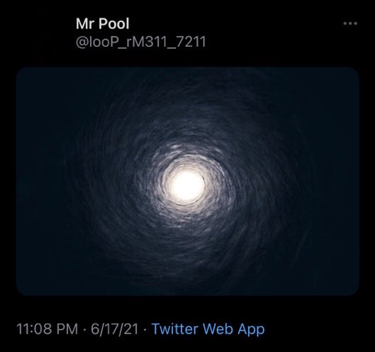A dark, swirling vortex or tunnel-like image with a bright center, posted by "Mr Pool" (@looP_rM311_7211) on 6/17/21 via Twitter Web App. The post references "6/30 Julian $XRP," with the swirling visual evoking a sense of an approaching event or date for the XRP cryptocurrency.