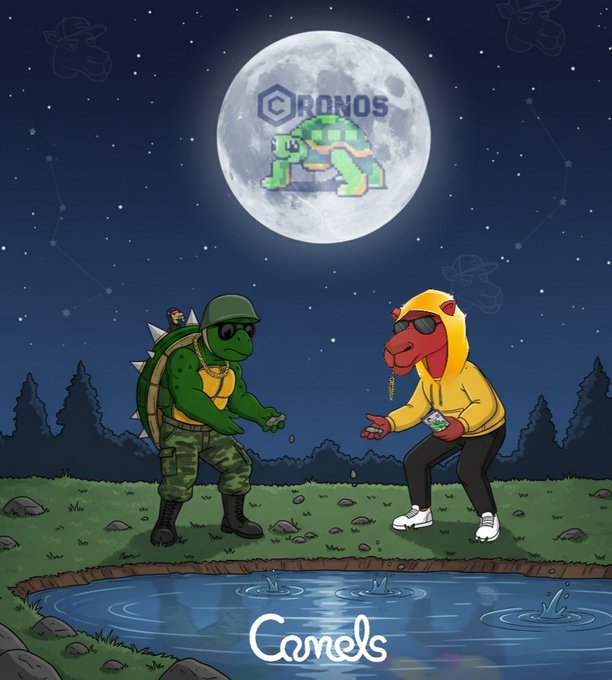 A crypto/NFT illustration showing a turtle-headed soldier facing off against a dog character in a yellow hoodie under a full moon, with 'CRONOS' and 'Camels' text visible.