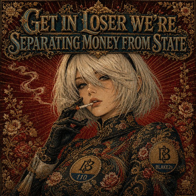 An illustrated artwork featuring a white-haired anime-style woman in ornate traditional clothing smoking a cigarette, with the text 'GET IN LOSER WE'RE SEPARATING MONEY FROM STATE' at the top and 'BLAKE2B 110' on a patch below.