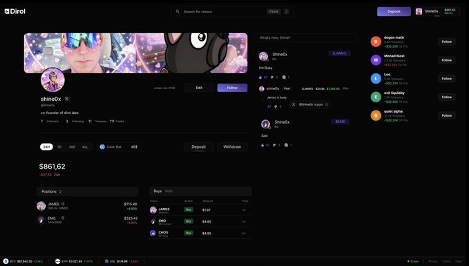 A Dirol platform profile page for 'shine0x', displaying a follower count of 18,604 and showing token positions including JAMES, DMO, and CHOG.
