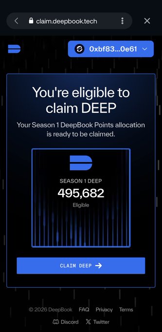 The image features a screenshot of an online form or account page that displays information about claiming DeepBook points. The screenshot shows a blue box with white text, stating "You're eligble to claim DeepBook Points". Below this, there's another blue box with more detailed information, indicating the user's allocation for the season and their achievement in accumulating DeepBook points. A smaller text box below this reads "Your Season 1 DeepBook Points allocation is ready to be claimed!". The post also includes a link to a video that explains how to claim DeepBook points and encourages users to share their progress with others.