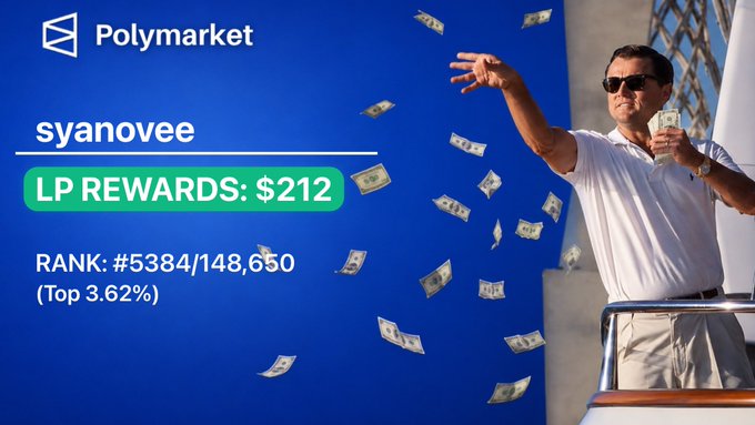 The image shows a man standing next to a boat with money falling from the sky around him. The text above the scene reads "Syanovee LP rewards: $212 Rank: #536414141850 Top 3% of LP's with just $212 feels like cheating, not gonna lie. Imagine how a sleeping giant this could be with a possible Polymarket airdrop coming". This suggests that the man is involved in trading on Polymarket and has received a reward for his efforts.