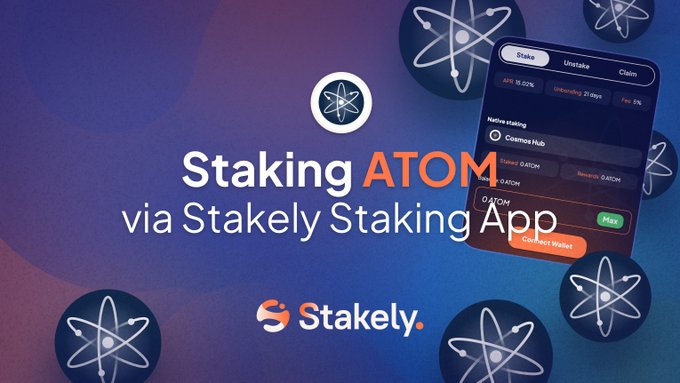 A promotional banner for "Staking ATOM via Stakely Staking App," showing a mobile staking interface and atom symbols.