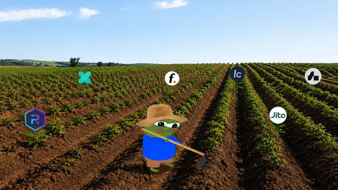 A Pepe-style cartoon frog wearing a straw hat stands in a vast agricultural field, surrounded by floating logos of DeFi protocols including Jupiter (j), Jito, Rainbow (R.), Jupiter's "X" symbol, fc, and Jupiter's other brand mark. The farming imagery visually represents the concept of "yield farming" discussed in the post, illustrating how tokenized S&P 500 assets on Solana can be put to productive use across multiple protocols to generate returns.