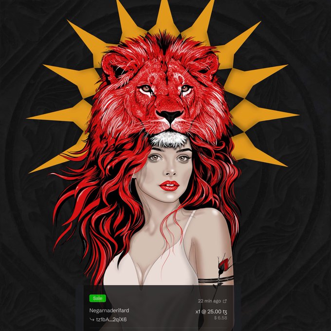 A digital illustration of a woman with flowing red hair and a red lion's mane crown, set against a yellow sunburst on a dark background, appearing to be NFT artwork (showing 'Negarrnaderifard' sold for 25.00 ₵).