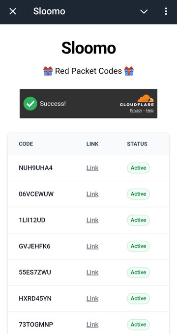 A mobile screen showing a 'Sloomo' page titled 'Red Packet Codes' with a Cloudflare 'Success!' banner and a table of active codes (NUH9UHA4, 06VCEWUW, 1LII12UD, GVJEHFK6, 55ES72WU, HXRD45YN, 73T0GMNP) each with a link.