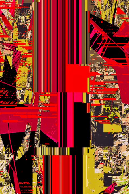 An abstract digital artwork featuring chaotic splashes and geometric shapes in vibrant red, pink, yellow, and black colors with vertical striped elements.
