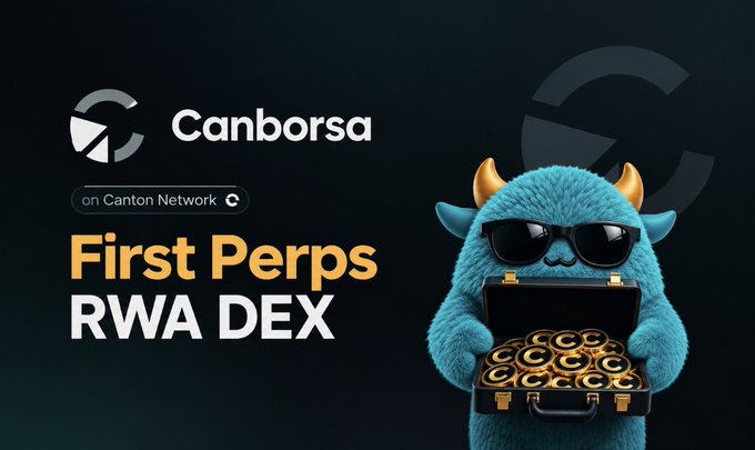 The image shows a promotional banner for Canborsa, labeled as the "First Perps RWA DEX on Canton Network," featuring a blue furry monster mascot wearing sunglasses and holding a briefcase full of gold "C" coins. This aligns with the post's excitement about Canborsa's Trading Arena competition with a $16,000 prize pool, where the gold coins visually reinforce the lucrative reward opportunity for top traders on the perpetual futures platform.