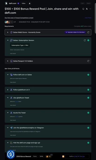 A screenshot of a Defit.com page advertising a '$100 + $100 Bonus Reward Pool' for a Galxe Web3 Score campaign, listing tasks like following on social media and signing up.